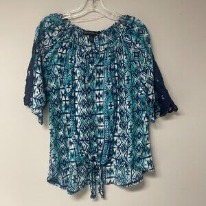 French Laundry Womens Large Geometric Print Boho Top Crochet Sleeve High Low